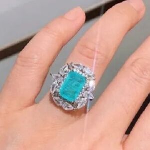 Gorgeous Vintage-Inspired Simulated Paraiba Tourmaline & CZ Halo Statement Ring